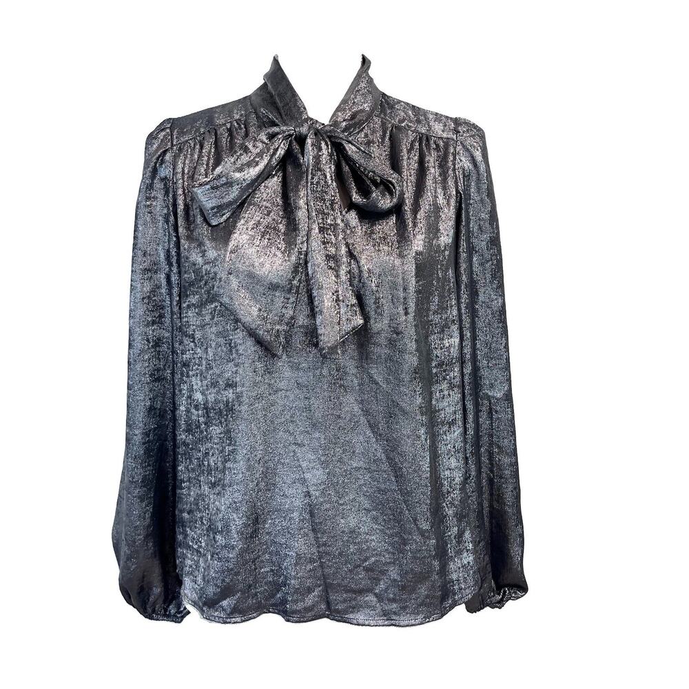 Ann Taylor Factory Blouse sz Extra Small Silver Gray Shimmery Bow Career Evening